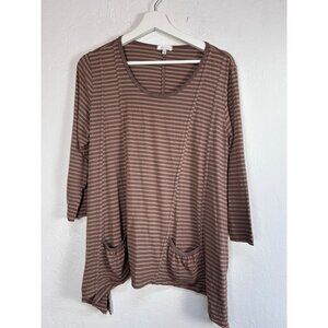 Heartstring Womens Brown Tan Striped Tunic Top With Pockets Medium 3/4 Sleeve